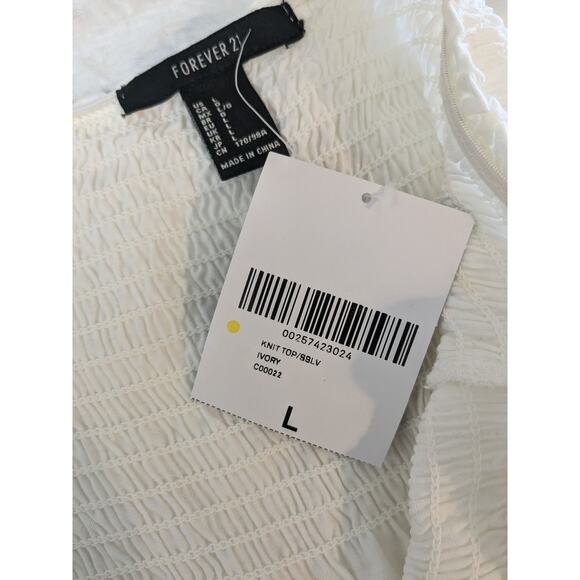 Forever 21 Off Shoulder Blouse Large Ivory Flowy Boho Smocked Summer Top Loose - Picture 5 of 11